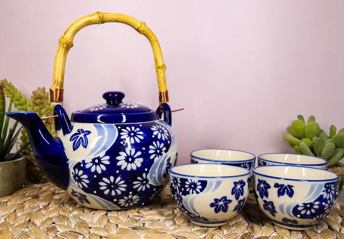 ebros gift Ebros Chrysanthemum Autumn Colorful Large Floral Blooms 25oz Tea Pot With 4 Cups Set