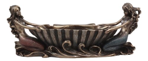 Ebros Gift Ebros Coastal Decor Two Mermaids Soap Dish Figurine 9.75"Long Twin Mermaids With Oyster Shell Jewelry Dish