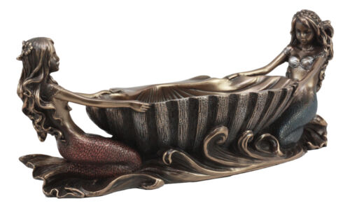 Ebros Gift Ebros Coastal Decor Two Mermaids Soap Dish Figurine 9.75"Long Twin Mermaids With Oyster Shell Jewelry Dish