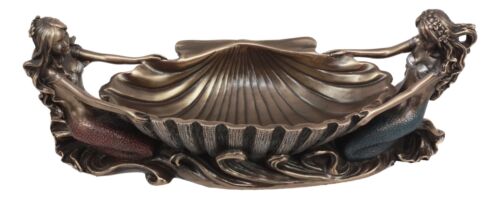 Ebros Gift Ebros Coastal Decor Two Mermaids Soap Dish Figurine 9.75"Long Twin Mermaids With Oyster Shell Jewelry Dish