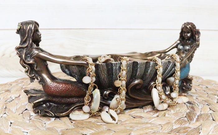 ebros gift Ebros Coastal Decor Two Mermaids Soap Dish Figurine 9.75"Long Twin Mermaids With Oyster Shell Jewelry Dish