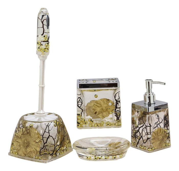 Ebros Gift Ebros Coastal Pearls Shells Liquid 3D Floating Motion Bathroom Gift Set 5 Pc Toothbrush Toothpaste Holder Soap Dish Toilet Brush & Base And Hand Sanitizer Dispenser (Fancy Gold)