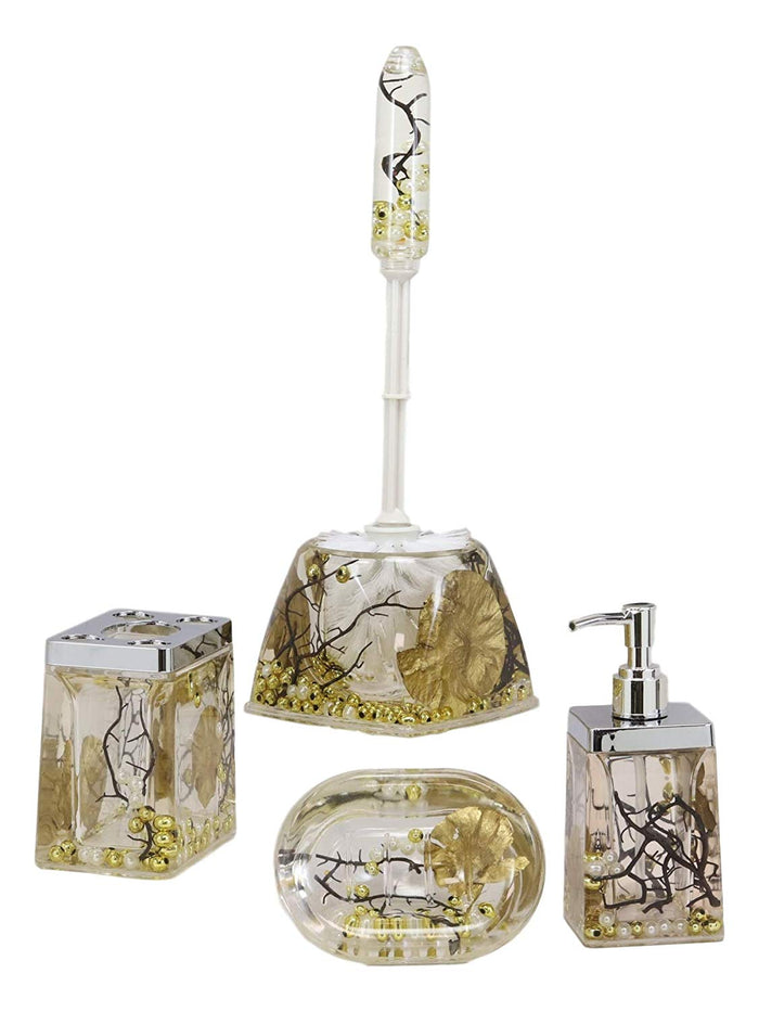 Ebros Gift Ebros Coastal Pearls Shells Liquid 3D Floating Motion Bathroom Gift Set 5 Pc Toothbrush Toothpaste Holder Soap Dish Toilet Brush & Base And Hand Sanitizer Dispenser (Fancy Gold)