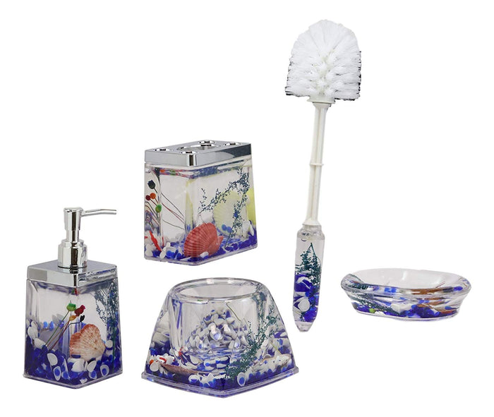 Ebros Gift Ebros Coastal Pearls Shells Liquid 3D Floating Motion Bathroom Gift Set 5 Pc Toothbrush Toothpaste Holder Soap Dish Toilet Brush & Base And Hand Sanitizer Dispenser (Ocean Blue)