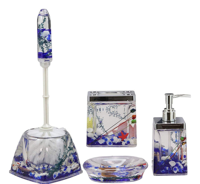 Ebros Gift Ebros Coastal Pearls Shells Liquid 3D Floating Motion Bathroom Gift Set 5 Pc Toothbrush Toothpaste Holder Soap Dish Toilet Brush & Base And Hand Sanitizer Dispenser (Ocean Blue)