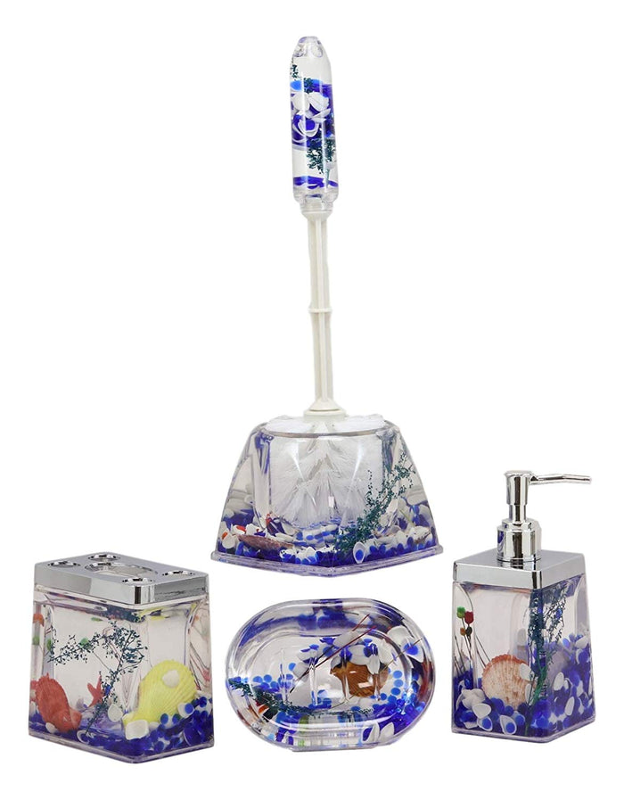 ebros gift Ebros Coastal Pearls Shells Liquid 3D Floating Motion Bathroom Gift Set 5 Pc Toothbrush Toothpaste Holder Soap Dish Toilet Brush & Base and Hand Sanitizer Dispenser (Ocean Blue)