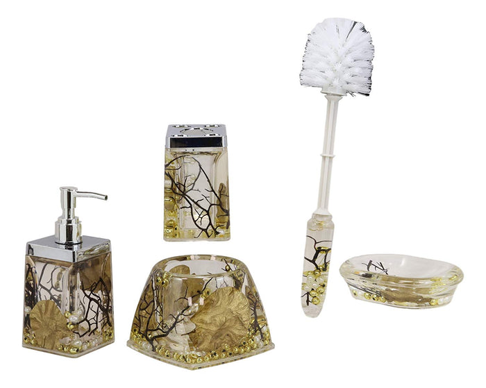ebros gift Ebros Coastal Pearls Shells Liquid 3D Floating Motion Bathroom Gift Set 5 Pc Toothbrush Toothpaste Holder Soap Dish Toilet Brush & Base and Hand Sanitizer Dispenser (Fancy Gold)