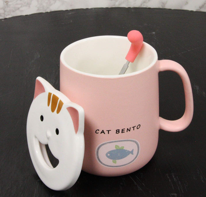 ebros gift Ebros Coffee Mug Cup With Handle Spoon And Lid 14oz Cats Mugs (Pastel Pink)