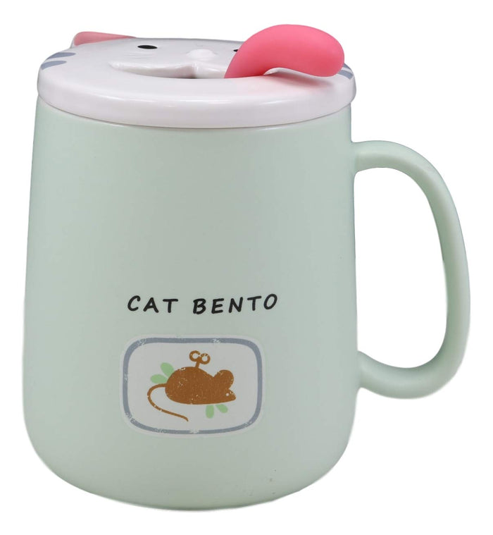 Ebros Gift Ebros Coffee Mug Cup With Spoon And Lid 14oz Kittens Or Cats Mugs (Pastel Green)