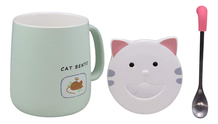 ebros gift Ebros Coffee Mug Cup With Spoon And Lid 14oz Kittens Or Cats Mugs (Pastel Green)