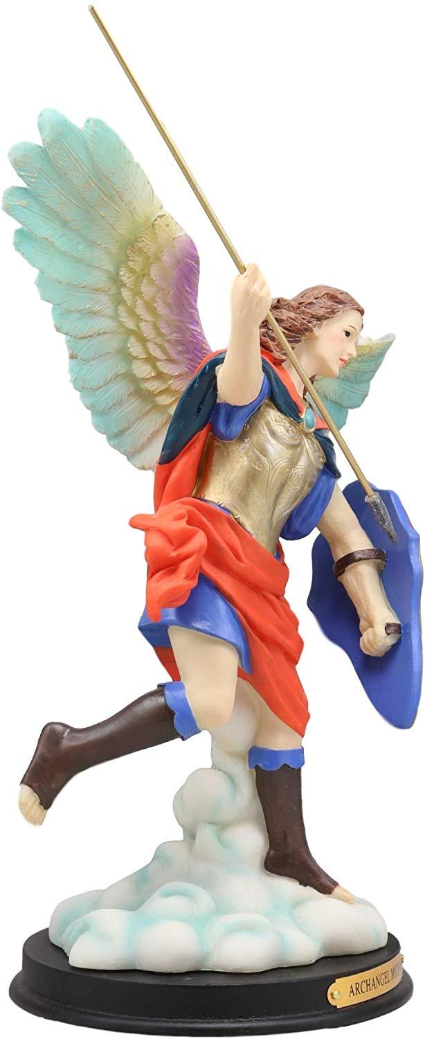 Ebros Gift Ebros Colorful Archangel Saint Michael Throwing Javelin Spear Statue 10" Tall Champion Angel Of God Guardian Of The Church Battle Of Armageddon Decor Altar Figurine