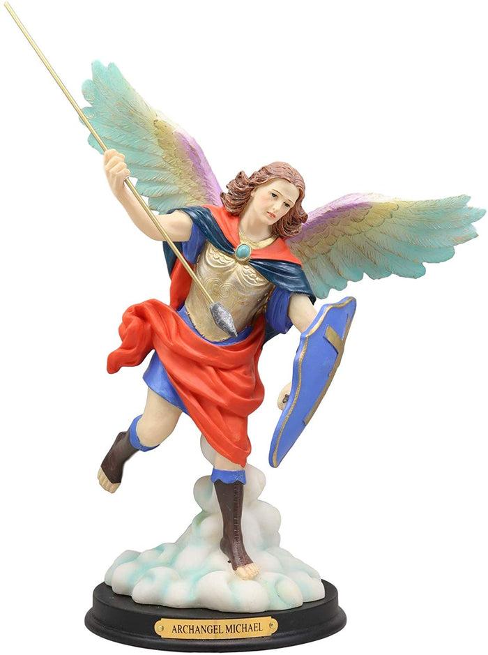 Ebros Gift Ebros Colorful Archangel Saint Michael Throwing Javelin Spear Statue 10" Tall Champion Angel Of God Guardian Of The Church Battle Of Armageddon Decor Altar Figurine