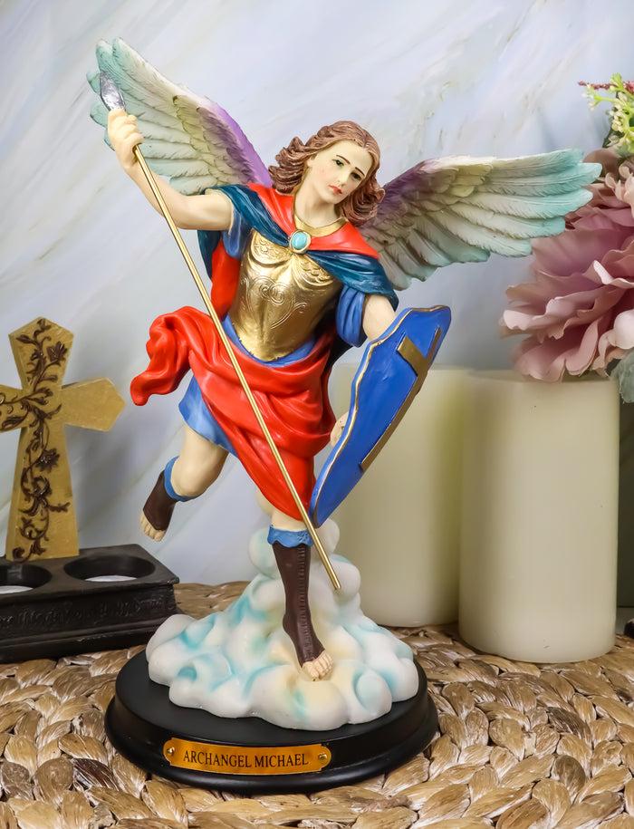 ebros gift Ebros Colorful Archangel Saint Michael Throwing Javelin Spear Statue 10" Tall Champion Angel of God Guardian of The Church Battle of Armageddon Decor Altar Figurine