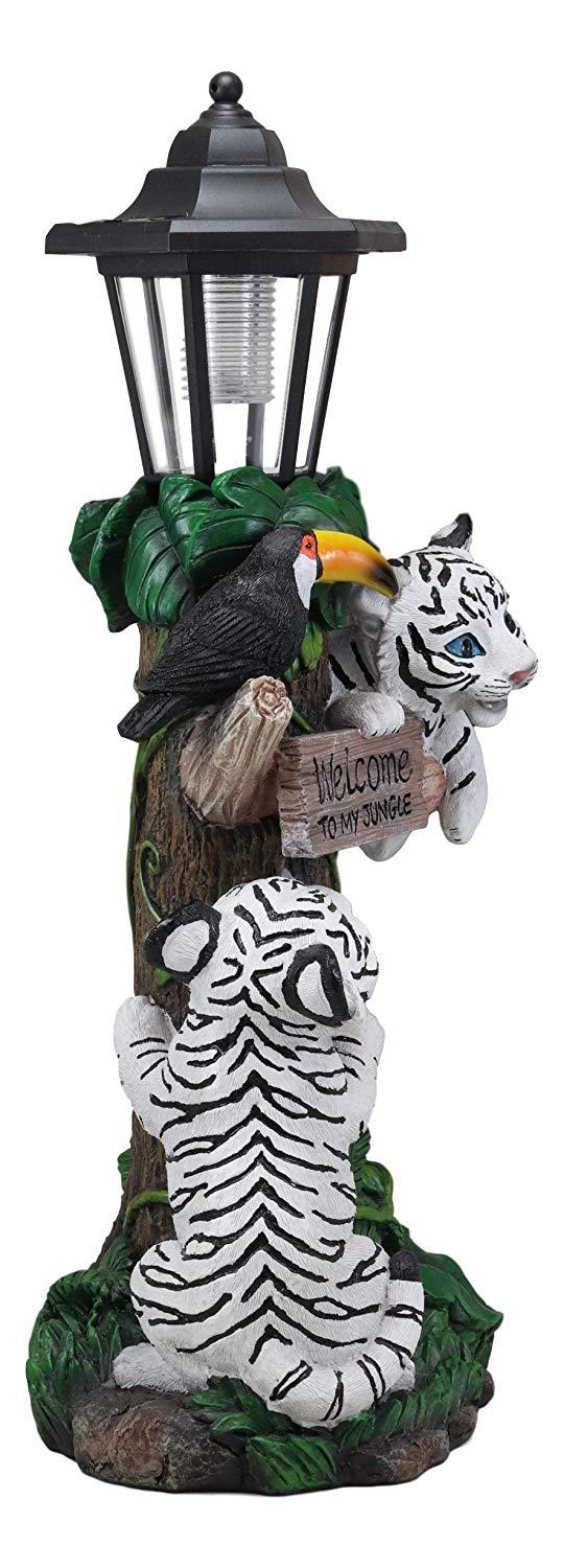 Ebros Gift Ebros Colorful Jungle Frolick Climbing Tiger Cubs Chasing Toucan Bird With Welcome Sign And LED Solar Lantern Outpost Statue 18.5" Tall Path Lighter Patio Garden Home Decor Figurine (White Siberian)