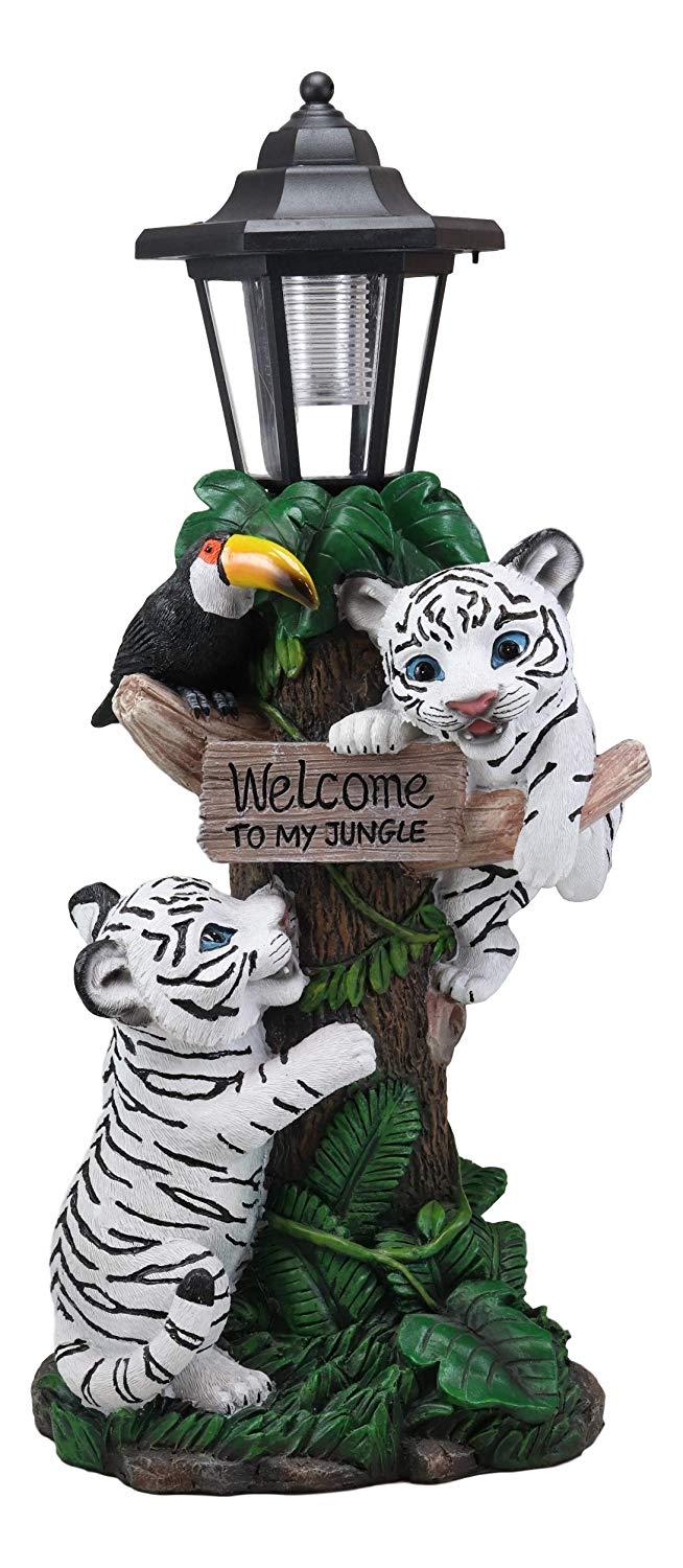 Ebros Gift Ebros Colorful Jungle Frolick Climbing Tiger Cubs Chasing Toucan Bird With Welcome Sign And LED Solar Lantern Outpost Statue 18.5" Tall Path Lighter Patio Garden Home Decor Figurine (White Siberian)