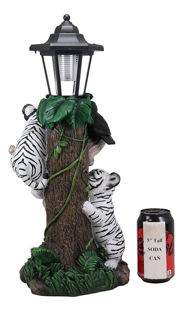 Ebros Gift Ebros Colorful Jungle Frolick Climbing Tiger Cubs Chasing Toucan Bird With Welcome Sign And LED Solar Lantern Outpost Statue 18.5" Tall Path Lighter Patio Garden Home Decor Figurine (White Siberian)
