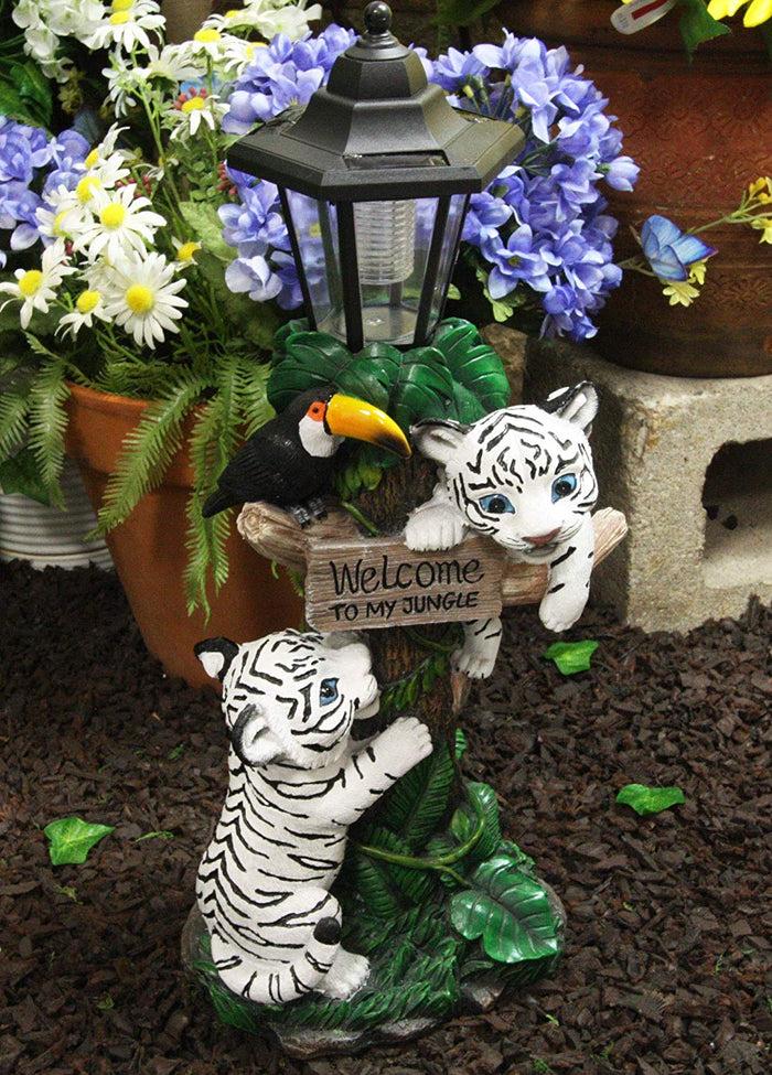 ebros gift Ebros Colorful Jungle Frolick Climbing Tiger Cubs Chasing Toucan Bird with Welcome Sign and LED Solar Lantern Outpost Statue 18.5" Tall Path Lighter Patio Garden Home Decor Figurine (White Siberian)