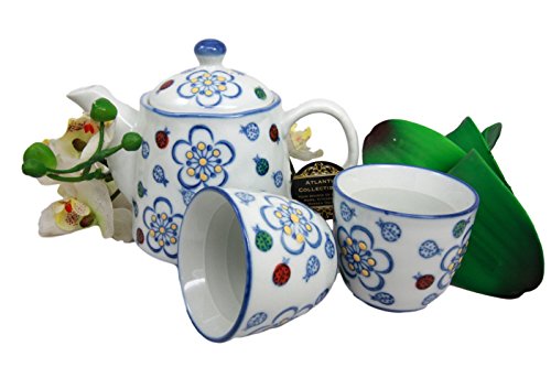 Ebros Gift Ebros Colorful Ladybug & Flowers Pattern Glazed Ceramic 16oz Tea Pot & Cups Serves 2