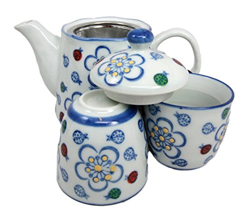 Ebros Gift Ebros Colorful Ladybug & Flowers Pattern Glazed Ceramic 16oz Tea Pot & Cups Serves 2