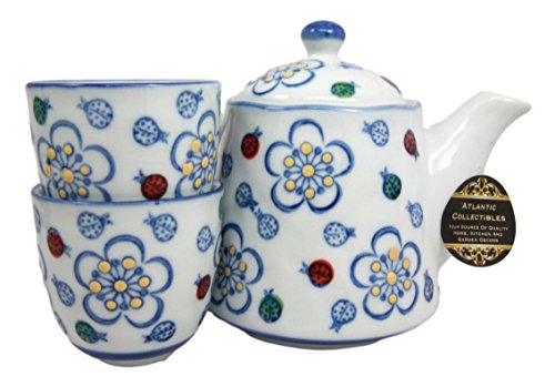 Ebros Gift Ebros Colorful Ladybug & Flowers Pattern Glazed Ceramic 16oz Tea Pot & Cups Serves 2