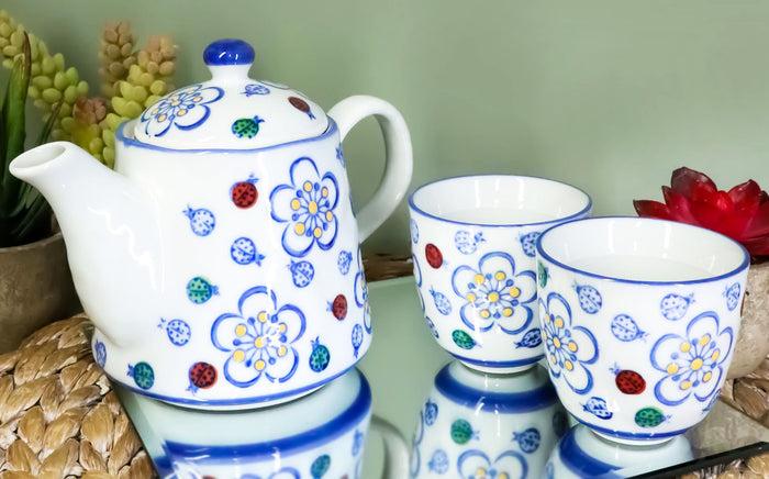 ebros gift Ebros Colorful Ladybug & Flowers Pattern Glazed Ceramic 16oz Tea Pot & Cups Serves 2