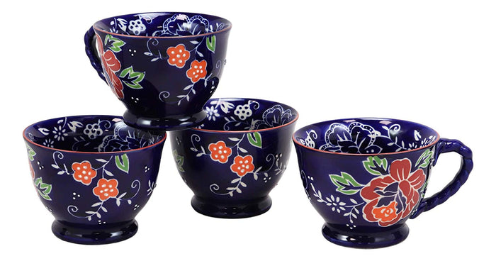 ebros gift Ebros Colorful Vintage Victorian Style Floral Spring Blossoms Ceramic 14oz Mugs With Comfort Ridged Handle Set of 4 Coffee Tea Drink Cups (Dark Blue)
