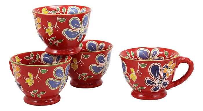 ebros gift Ebros Colorful Vintage Victorian Style Floral Spring Blossoms Ceramic 14oz Mugs With Comfort Ridged Handle Set of 4 Coffee Tea Drink Cups (Red)