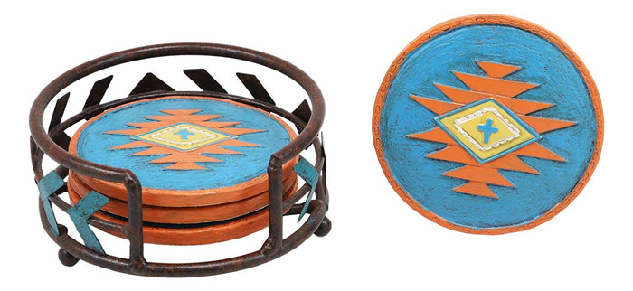 Ebros Gift Ebros Colorful Western Native American Cross Design Holder W/ 4 Round Coasters
