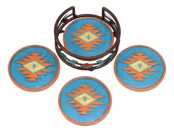 Ebros Gift Ebros Colorful Western Native American Cross Design Holder W/ 4 Round Coasters