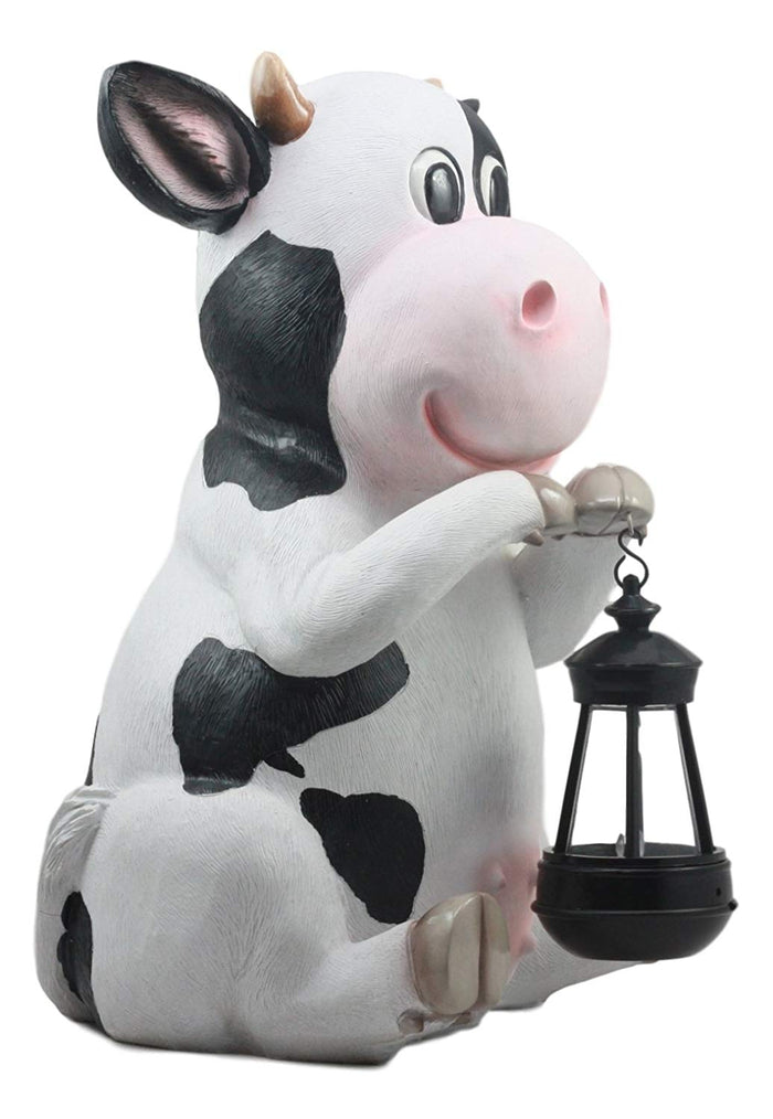 Ebros Gift Ebros Country Farm Whimsical Holstein Cow Statue Holding Solar LED Lantern Light 14"H
