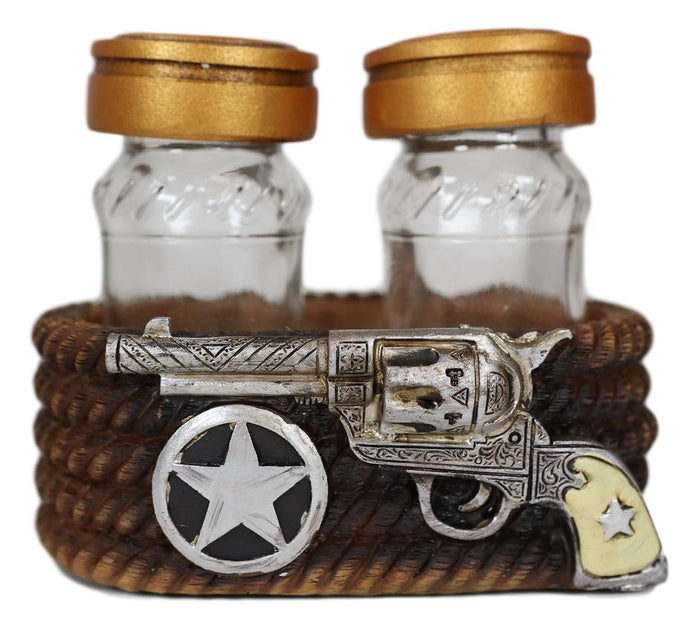 Ebros Gift Ebros Cowboy Revolver Six Shooter Pistol Western Star & Ropes Salt Pepper Shakers Set