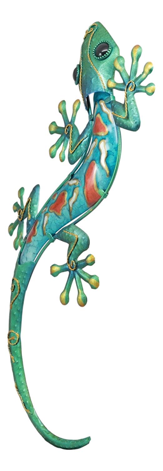 Ebros Gift Ebros Crawling Green Metal Lizard Gecko With Blue Glass Body Wall Decor 18.5"L