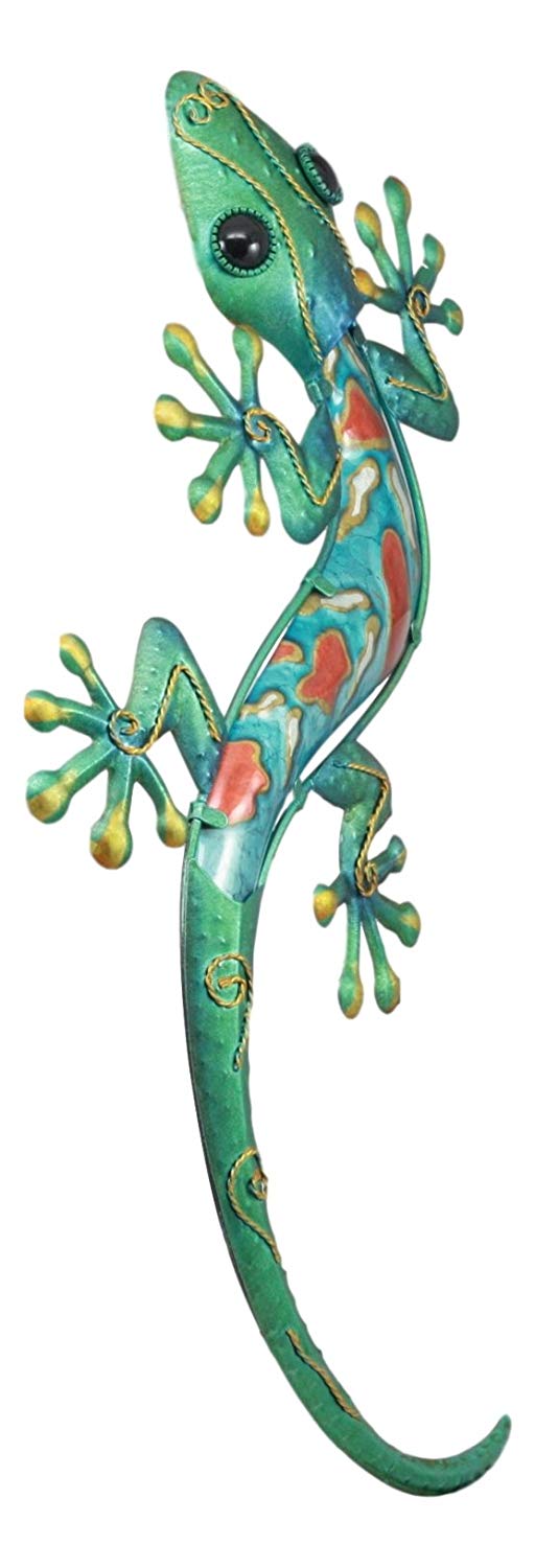 Ebros Gift Ebros Crawling Green Metal Lizard Gecko With Blue Glass Body Wall Decor 18.5"L