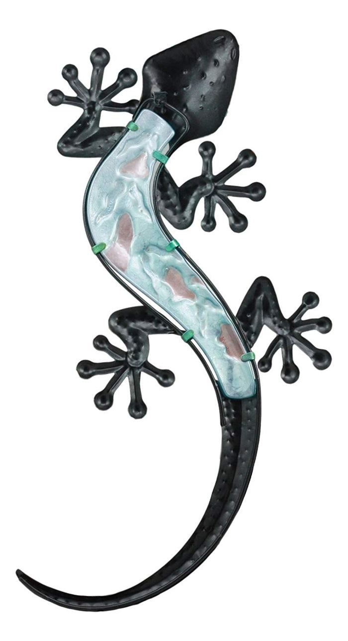 Ebros Gift Ebros Crawling Green Metal Lizard Gecko With Blue Glass Body Wall Decor 18.5"L