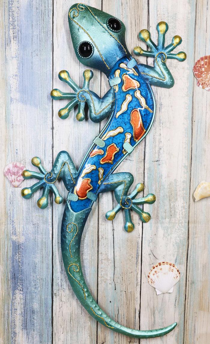 ebros gift Ebros Crawling Green Metal Lizard Gecko with Blue Glass Body Wall Decor 18.5"L