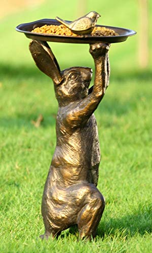 Ebros Gift Ebros Crouching Whimsical Rabbit Holding Tray Bird Feeder Garden Cast Iron Statue 22"H