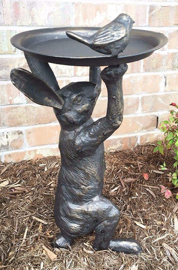 Ebros Gift Ebros Crouching Whimsical Rabbit Holding Tray Bird Feeder Garden Cast Iron Statue 22"H