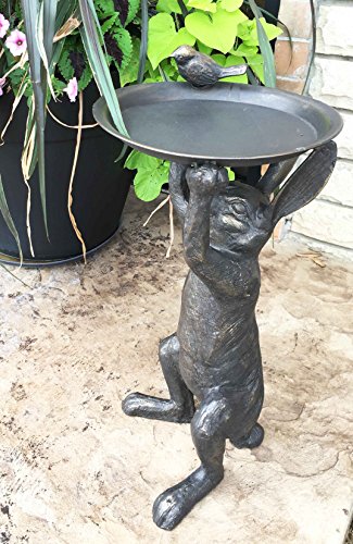 ebros gift Ebros Crouching Whimsical Rabbit Holding Tray Bird Feeder Garden Cast Iron Statue 22"H