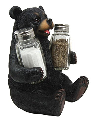 Ebros Gift Ebros Cuddling Black Teddy Bear Salt And Pepper Shakers Holder Figurine 7" Tall With Glass Shakers