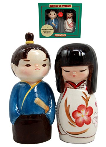Ebros Gift Ebros Cultural Asia Japanese Kokeshi Couple Ceramic Magnetic Salt Pepper Shakers Set