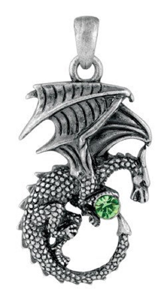 Ebros Gift Ebros Curling Winged Dragon With Green Gemstone Jewelry Alloy Pendant Necklace