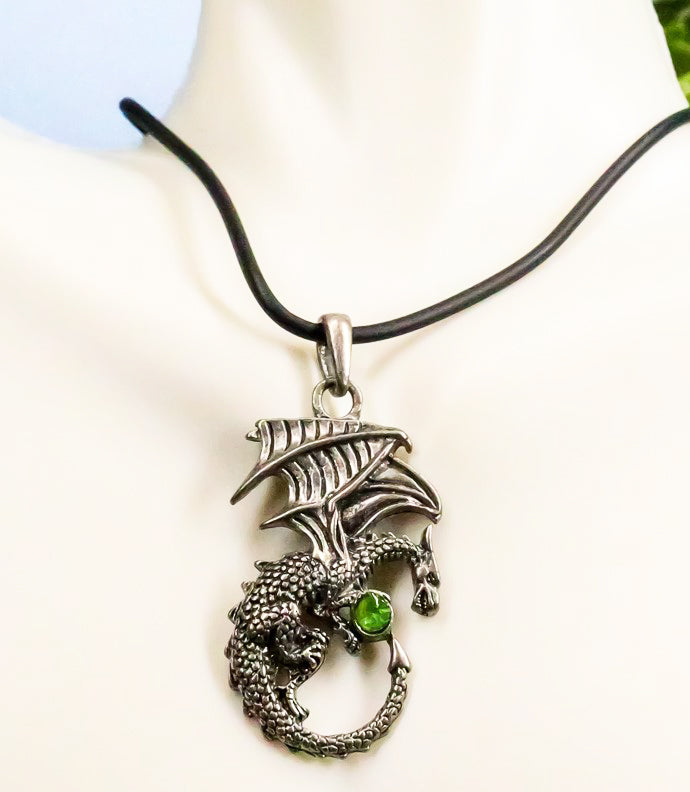 ebros gift Ebros Curling Winged Dragon With Green Gemstone Jewelry Alloy Pendant Necklace