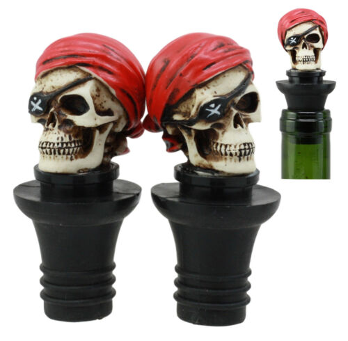 ebros gift Ebros Day of The Dead Captain Hook Pirate Skull With Red Bandanna Wine Stoppers Set of 2 Collectible Figurine Bottle Toppers Kitchen Accessory Buccaneer Pirates