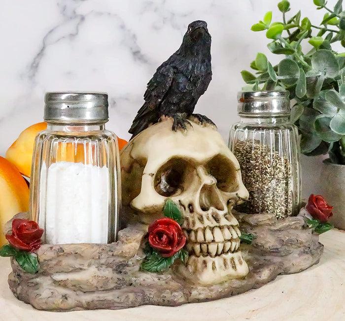 Ebros Gift Ebros Day Of The Dead Raven Crow W/ Rose Skull Salt & Pepper Shakers Holder Set