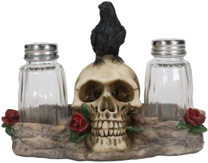 Ebros Gift Ebros Day Of The Dead Raven Crow W/ Rose Skull Salt & Pepper Shakers Holder Set