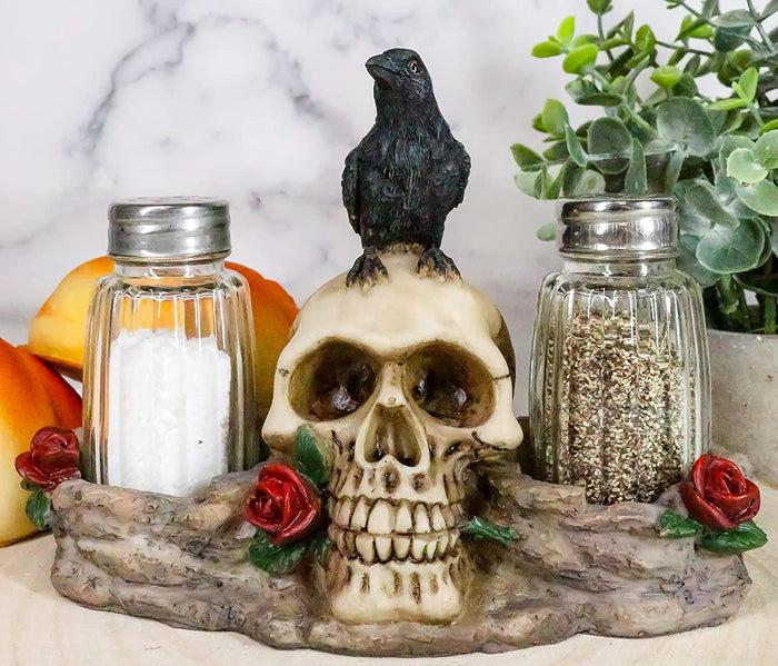 ebros gift Ebros Day Of The Dead Raven Crow W/ Rose Skull Salt & Pepper Shakers Holder Set