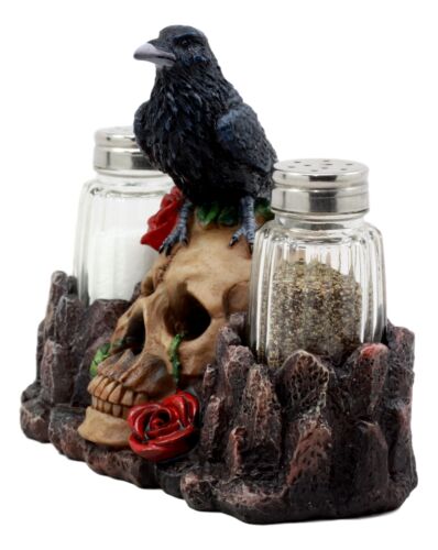 Ebros Gift Ebros Day Of The Dead Raven Crow With Rose Skull Salt & Pepper Shakers Holder Figurine Set 6.5"L