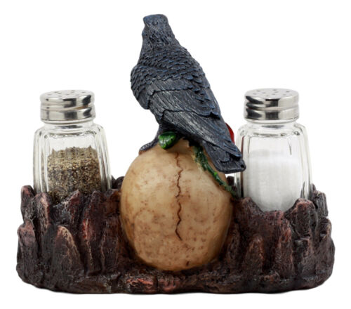 Ebros Gift Ebros Day Of The Dead Raven Crow With Rose Skull Salt & Pepper Shakers Holder Figurine Set 6.5"L