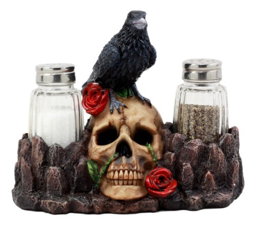 ebros gift Ebros Day Of The Dead Raven Crow With Rose Skull Salt & Pepper Shakers Holder Figurine Set 6.5"L