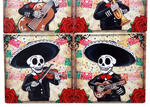 Ebros Gift Ebros Day Of The Dead Skeleton Mariachi Band Coaster Set Of Four Ceramic Tiles With Cork Backing Dias De Muertos Coasters